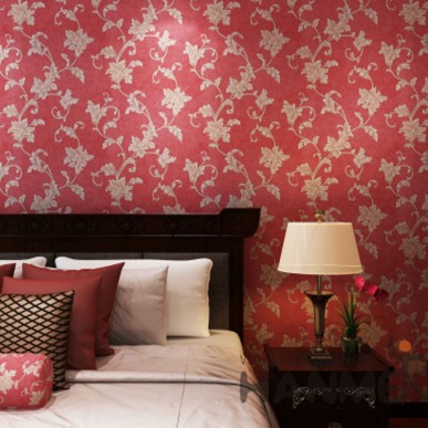 Red European Embossed Floral PVC Bedroom Wallpaper 