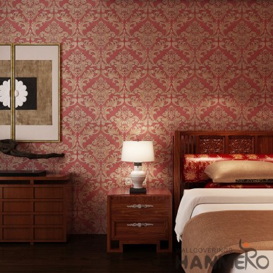 HANMERO Red And Gold European Floral Embossed PVC Bedroom Wallpaper                