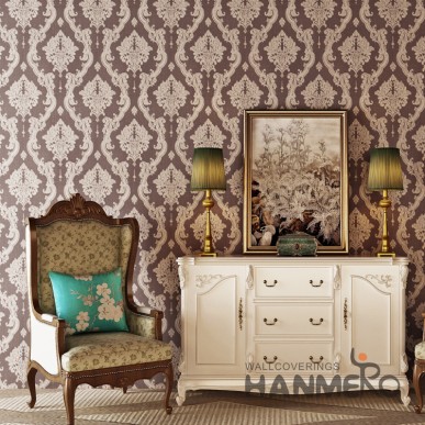 HANMERO Deep Brown European Floral PVC Bedding Room Embossed Wallpaper  