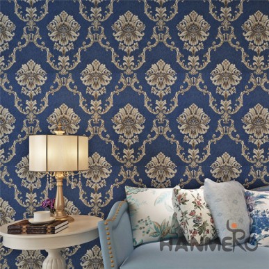 HANMERO Victoria Blue European Floral Bedding Room PVC Wallpaper Embossed  